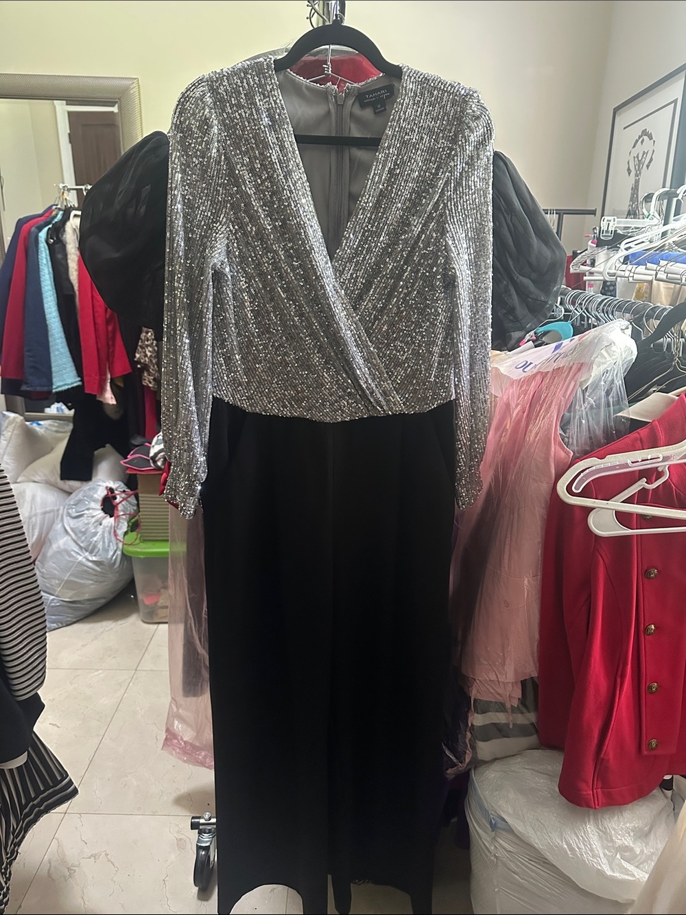 Tahari Silver Sequin Bodice with Black Skirt Long Sleeve Gown